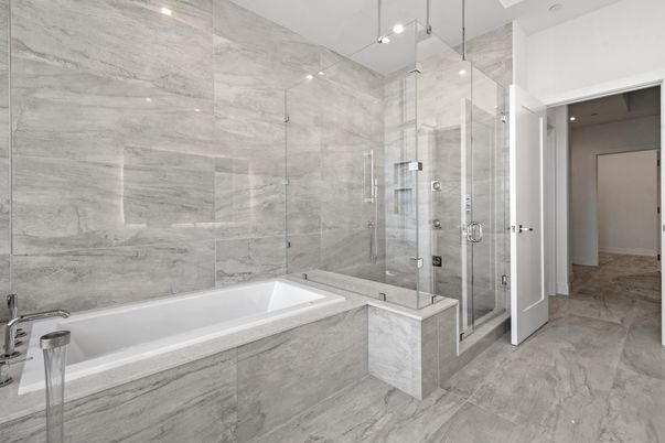 Bathroom, Glass Shower, Interior, Marble, Marble Walls, Recessed Lighting