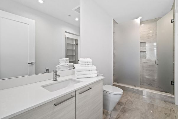 Bathroom, Dual Sink Vanities, Glass Shower, Interior, Recessed Lighting