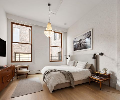 Bedroom, Chandelier, Interior, Wood Texture Flooring