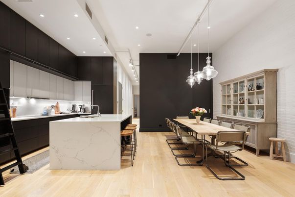 Dining room, Interior, Kitchen, Pendant Lights, Recessed Lighting, Wood Texture Flooring