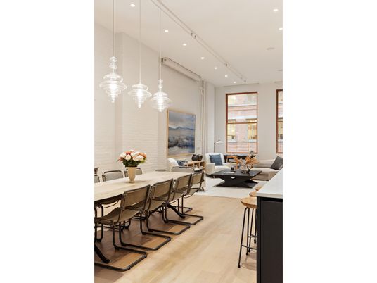 Dining room, Interior, Living room, Pendant Lights, Recessed Lighting, Wood Texture Flooring