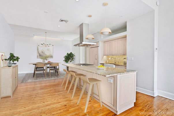 Dining room, Interior, Kitchen, Pendant Lights, Recessed Lighting, Wood Texture Flooring
