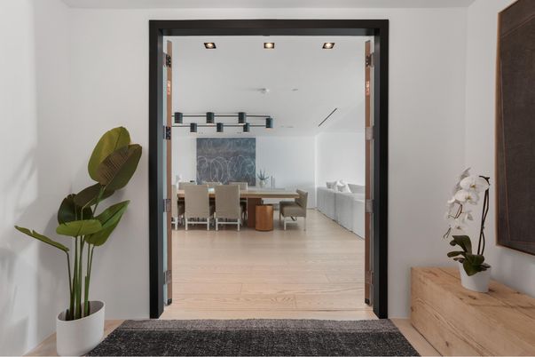 Dining room, Interior, Recessed Lighting, Wood Texture Flooring