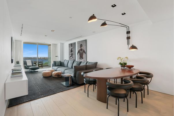 Dining room, Interior, Living room, Recessed Lighting, Water, Wood Texture Flooring