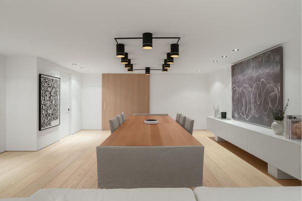 Dining room, Interior, Recessed Lighting, Wood Texture Flooring