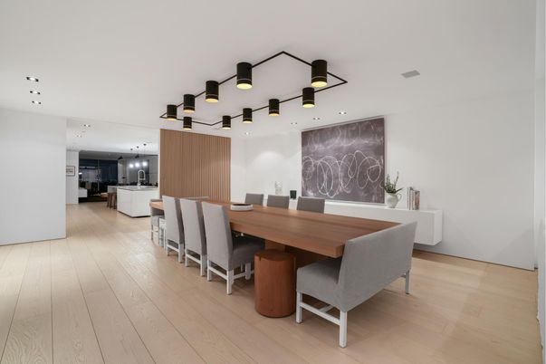Dining room, Interior, Kitchen, Pendant Lights, Recessed Lighting, Wood Texture Flooring