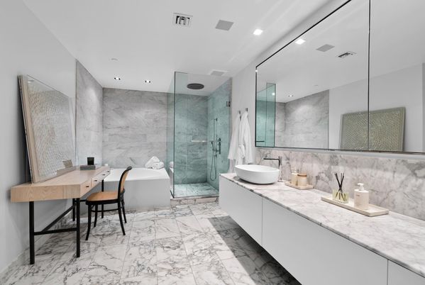 Bathroom, Dual Sink Vanities, Free Standing Baths, Glass Shower, Interior, Marble, Marble Walls, Recessed Lighting