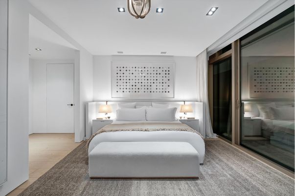 Bedroom, Interior, Recessed Lighting, Wood Texture Flooring