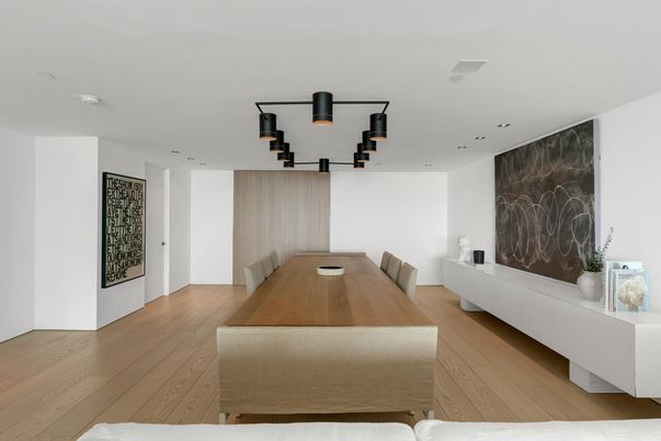 Dining room, Interior, Recessed Lighting, Wood Texture Flooring