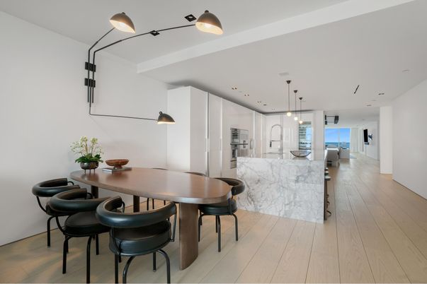 Dining room, Interior, Kitchen, Pendant Lights, Recessed Lighting, Stainless Steel Appliances, Wood Texture Flooring