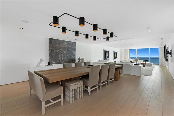 Dining room, Interior, Living room, Recessed Lighting, Water, Wood Texture Flooring