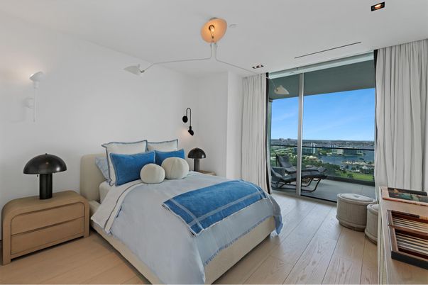 Bedroom, Interior, Recessed Lighting, Water, Wood Texture Flooring