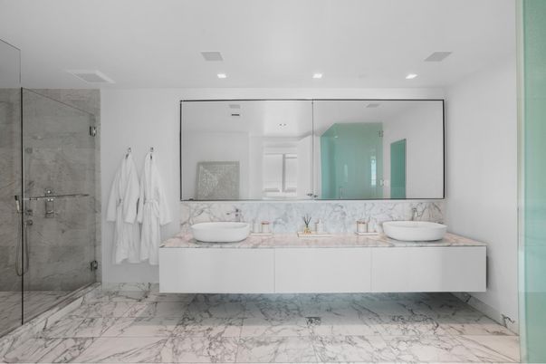 Bathroom, Dual Sink Vanities, Glass Shower, Interior, Marble, Recessed Lighting