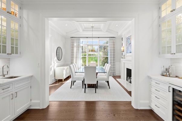 Dining room, Fireplace, Interior, Recessed Lighting, Wood Texture Flooring