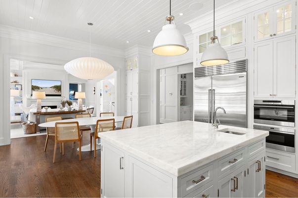 Dining room, Interior, Kitchen, Pendant Lights, Recessed Lighting, Stainless Steel Appliances, Wood Texture Flooring
