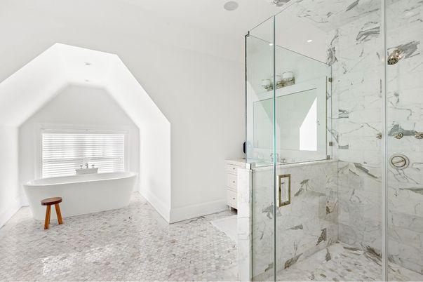 Bathroom, Free Standing Baths, Glass Shower, Interior, Marble, Marble Walls, Recessed Lighting