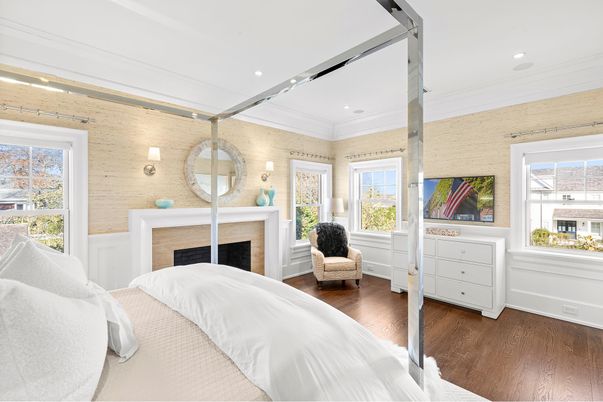 Bedroom, Fireplace, Interior, Recessed Lighting, Wood Texture Flooring