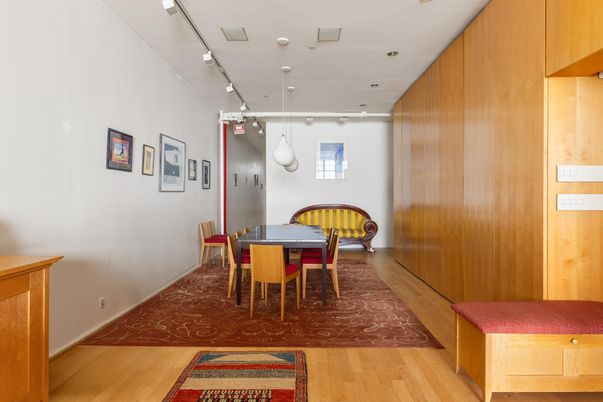 Dining room, Interior, Pendant Lights, Wood Texture Flooring, Wooden Walls