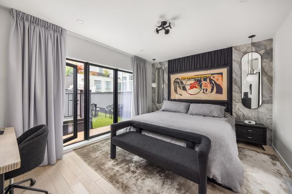 Bedroom, Interior, Pendant Lights, Wood Texture Flooring