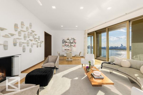 Dining room, Fireplace, Interior, Living room, Recessed Lighting, Water, Wood Texture Flooring
