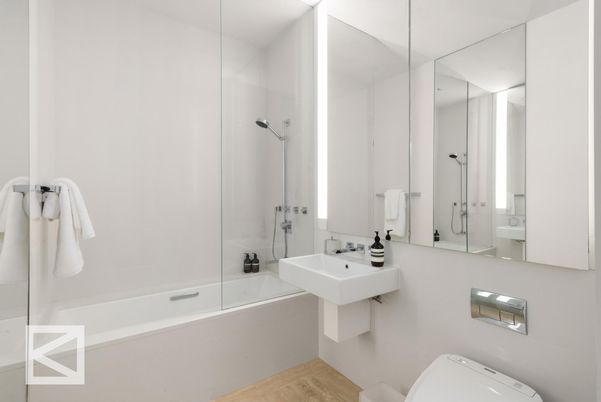Bathroom, Glass Shower, Interior, Wood Texture Flooring