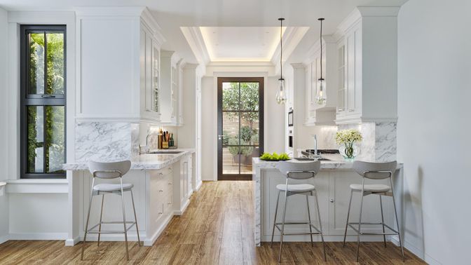 Interior, Kitchen, Marble Walls, Pendant Lights, Recessed Lighting, Wood Texture Flooring