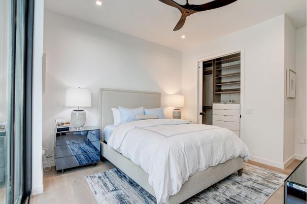 Bedroom, Interior, Recessed Lighting, Wood Texture Flooring
