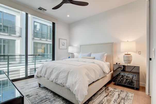 Bedroom, Interior, Recessed Lighting, Wood Texture Flooring