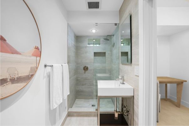 Bathroom, Glass Shower, Interior, Recessed Lighting
