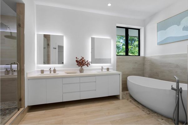 Bathroom, Dual Sink Vanities, Free Standing Baths, Interior, Recessed Lighting, Wood Texture Flooring