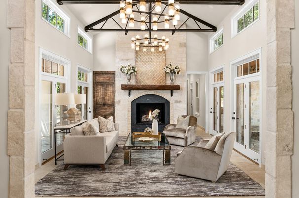Fireplace, Interior, Living room, Pendant Lights, Stone Walls, Wooden Beams