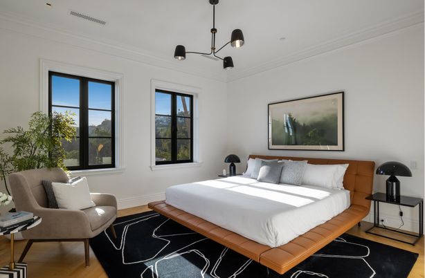 Bedroom, Interior, Pendant Lights, Wood Texture Flooring