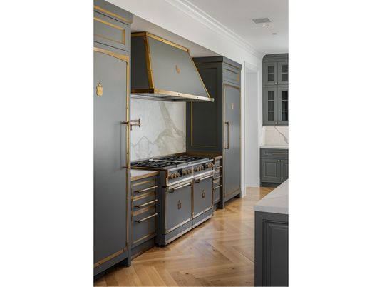 Interior, Kitchen, Marble Walls, Recessed Lighting, Stainless Steel Appliances, Wood Texture Flooring