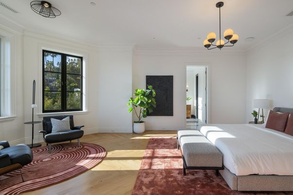 Bedroom, Chandelier, Interior, Wood Texture Flooring