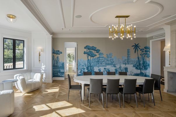 Dining room, Interior, Pendant Lights, Wood Texture Flooring