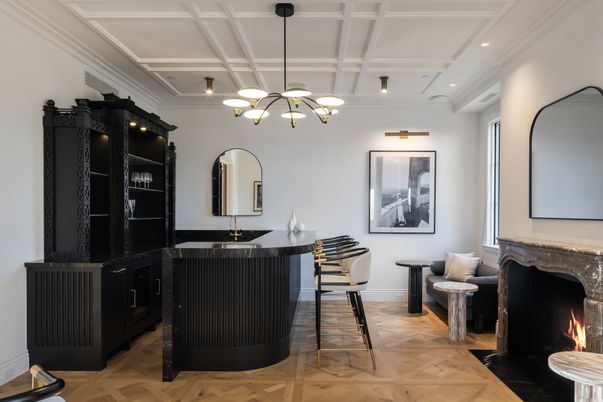 Fireplace, Interior, Pendant Lights, Recessed Lighting, Wood Texture Flooring