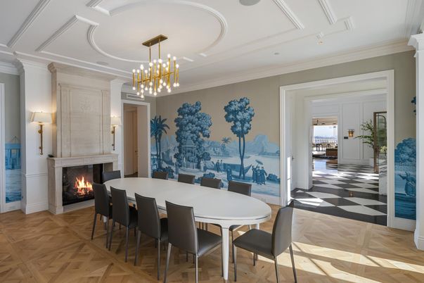 Dining room, Fireplace, Interior, Pendant Lights
