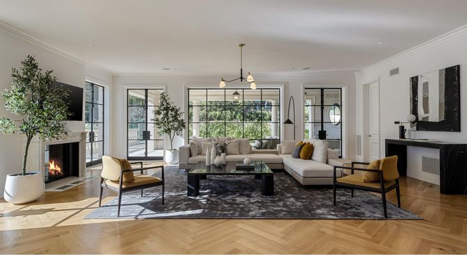 Fireplace, Interior, Living room, Pendant Lights, Recessed Lighting, Wood Texture Flooring