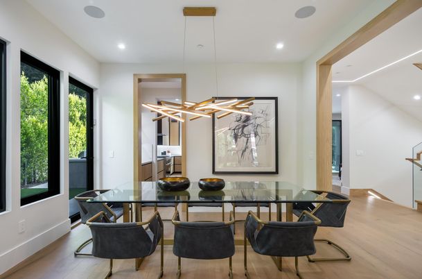 Dining room, Interior, Pendant Lights, Recessed Lighting, Wood Texture Flooring