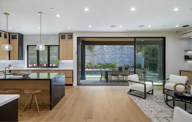 Dining room, Interior, Kitchen, Pendant Lights, Recessed Lighting, Wood Texture Flooring