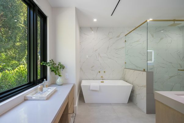 Bathroom, Free Standing Baths, Glass Shower, Interior, Marble Walls, Recessed Lighting