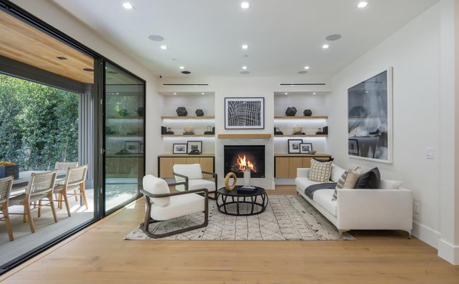 Fireplace, Interior, Living room, Recessed Lighting, Wood Texture Flooring