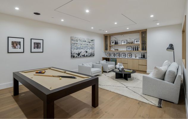 Billiard Table, Game Room, Interior, Living room, Recessed Lighting, Wood Texture Flooring