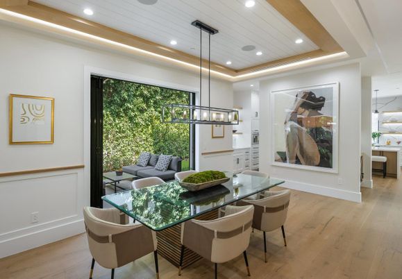 Dining room, Interior, Pendant Lights, Recessed Lighting, Wood Texture Flooring
