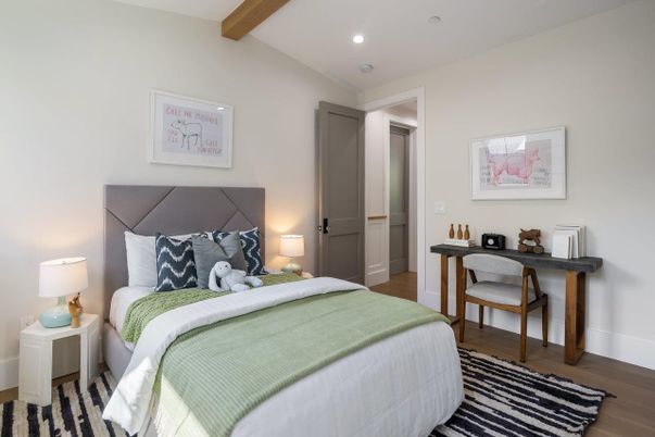 Bedroom, Interior, Recessed Lighting, Wooden Beams, Wood Texture Flooring