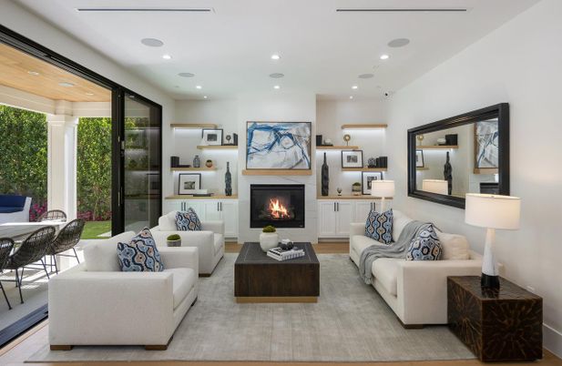 Fireplace, Interior, Living room, Recessed Lighting, Wood Texture Flooring