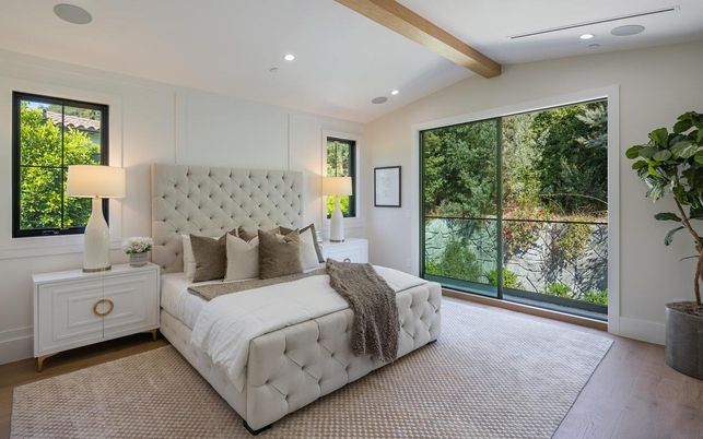 Bedroom, Interior, Recessed Lighting, Wooden Beams, Wood Texture Flooring