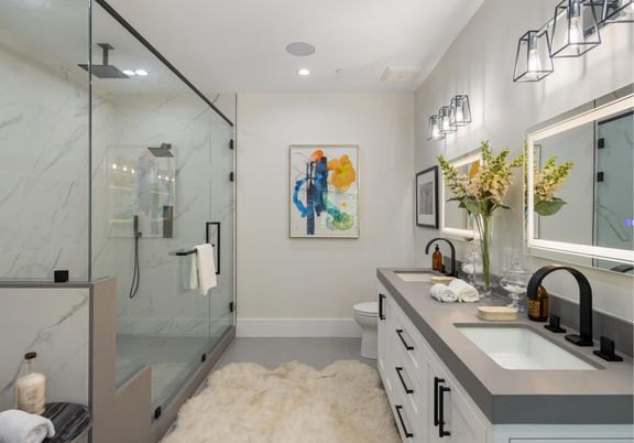 Bathroom, Dual Sink Vanities, Glass Shower, Interior, Marble Walls, Recessed Lighting