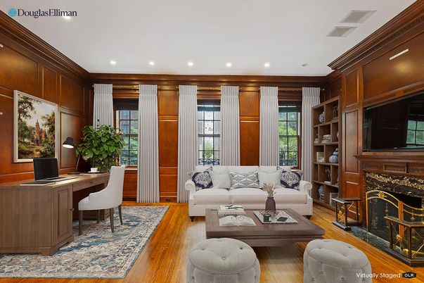 Fireplace, Home Office, Interior, Living room, Recessed Lighting, Wood Texture Flooring, Wooden Walls
