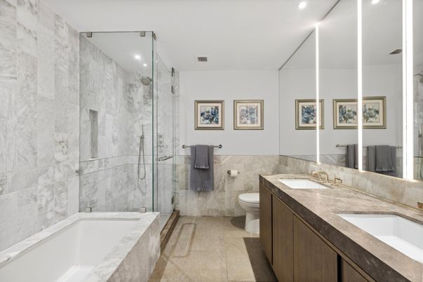 Bathroom, Dual Sink Vanities, Glass Shower, Interior, Marble Walls, Recessed Lighting